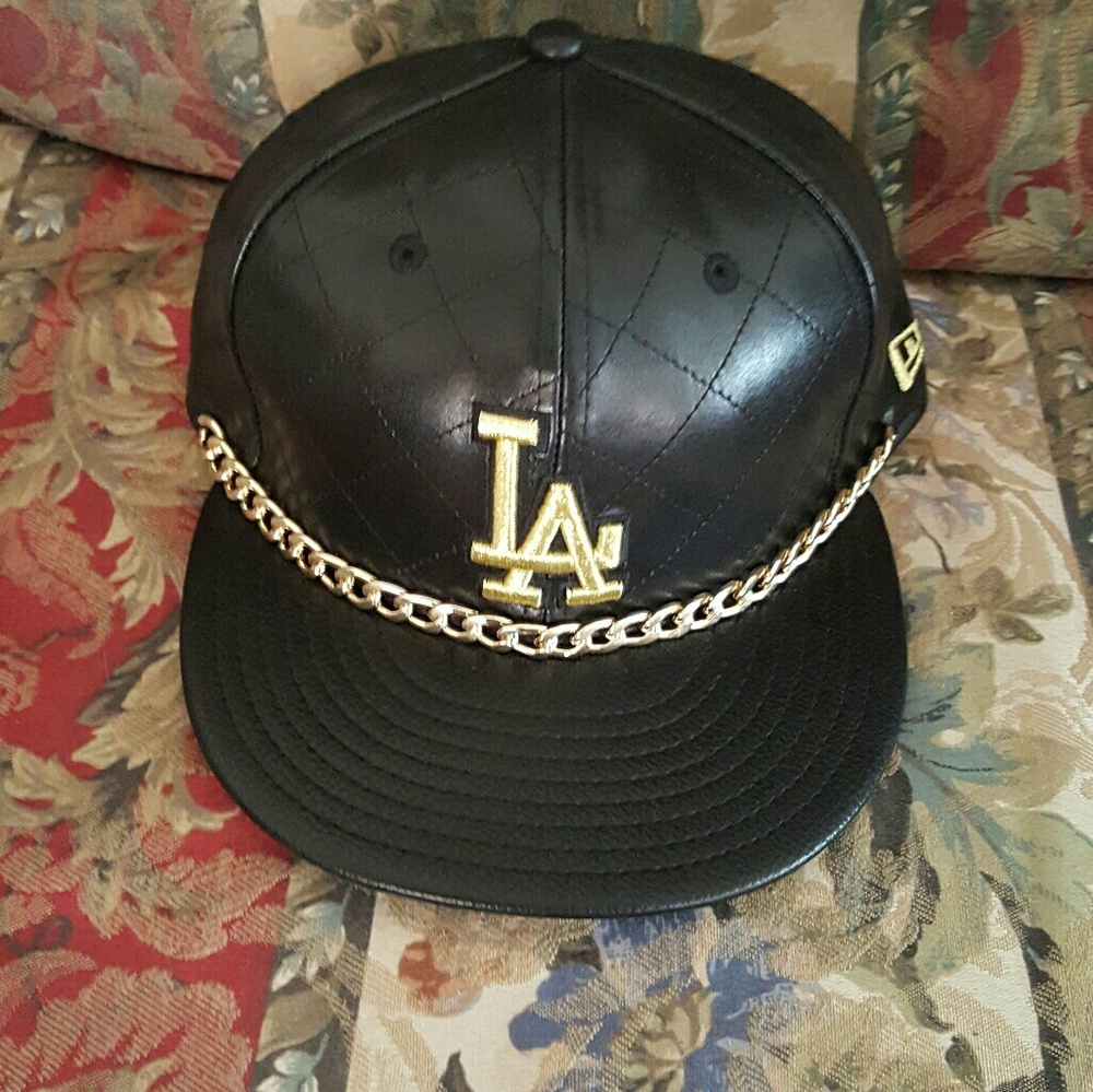 New Era Black LA Dodgers Faux Leather Snapback with Gold Chain